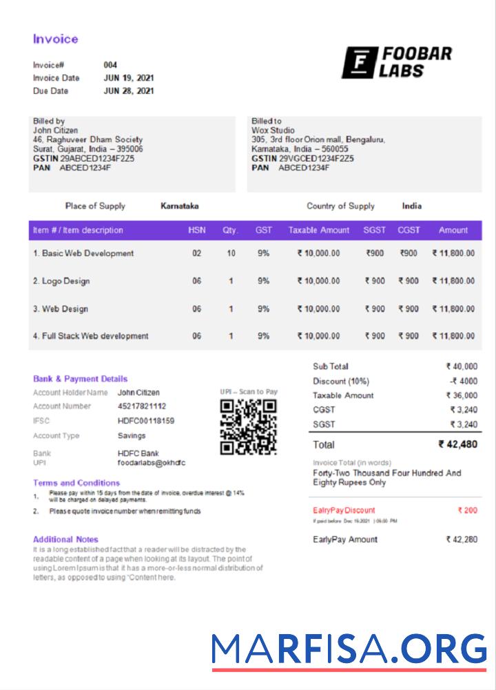Blank India Foobar Labs Information Technology Company invoice template in Word and PDF format, fully editable, version 2